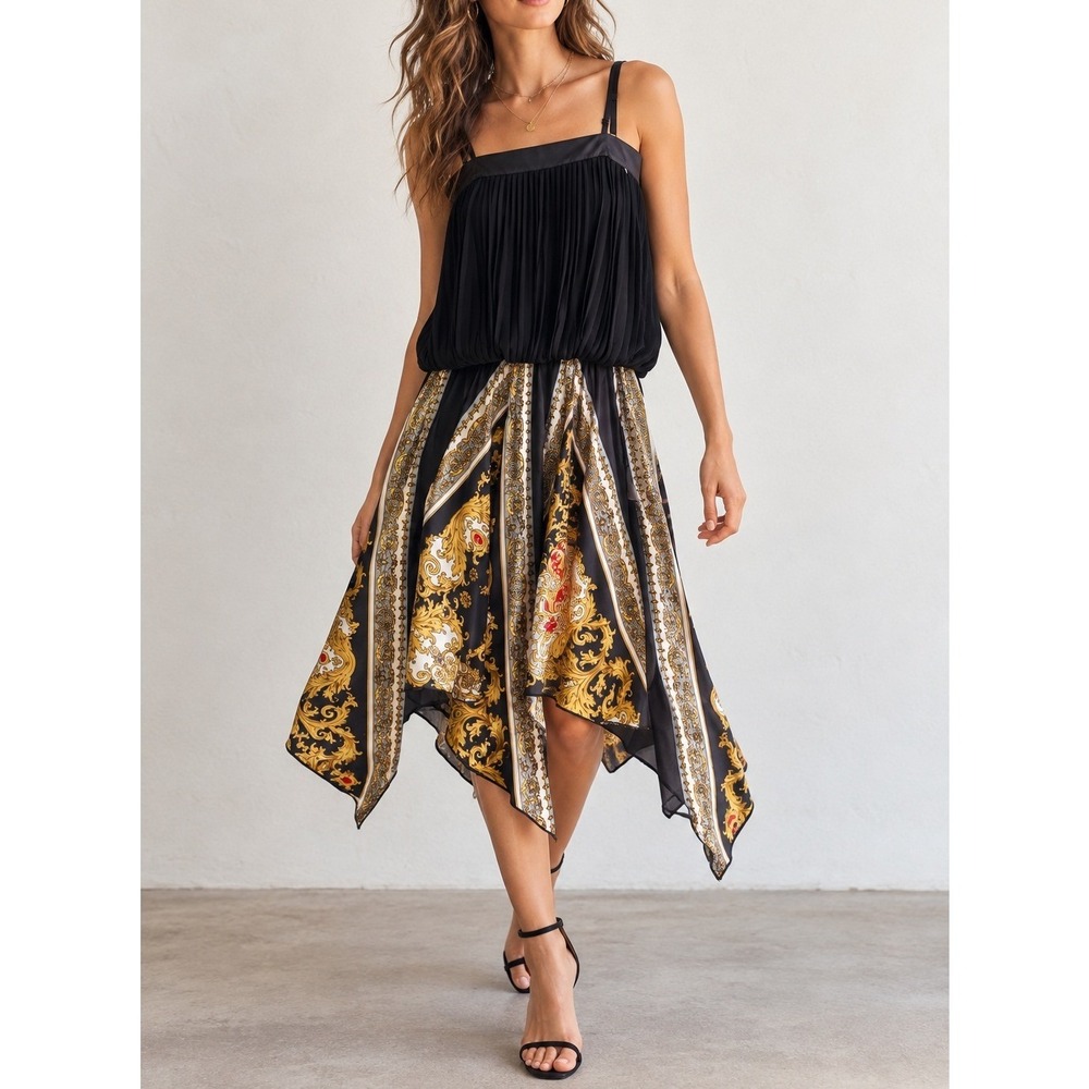 Rinascimento Italy Pleated Baroque Print Handkerchief Hem Mini Dress NWT